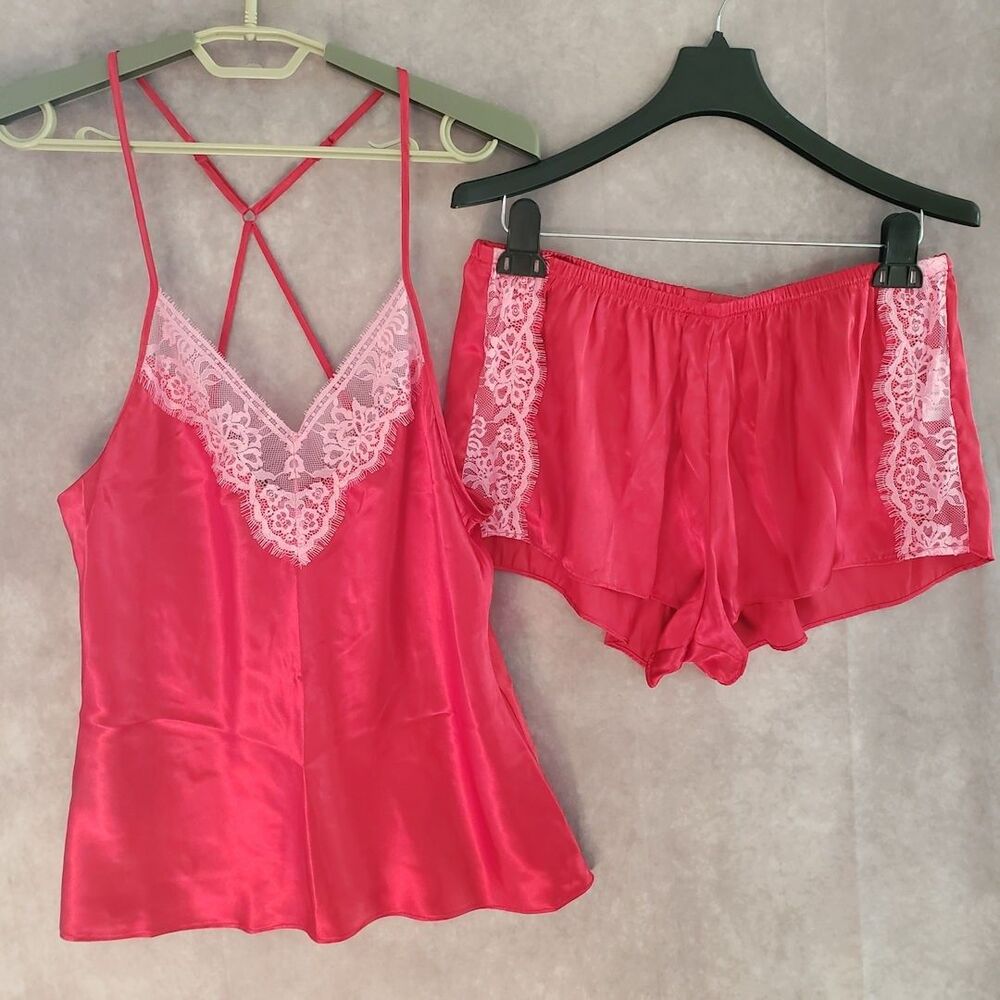 Linea Donatella Pajama Set Large Red Sexy Cami & Short Womens Satin Lace-Trim